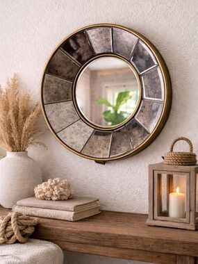 WISTERIA ANTIQUED ROUND MIRROR COASTAL BOHO WALL DECOR 11” GOLD FRAME